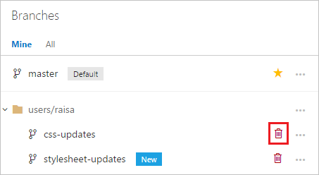 Screenshot shows delete your branch in the Azure DevOps web portal.