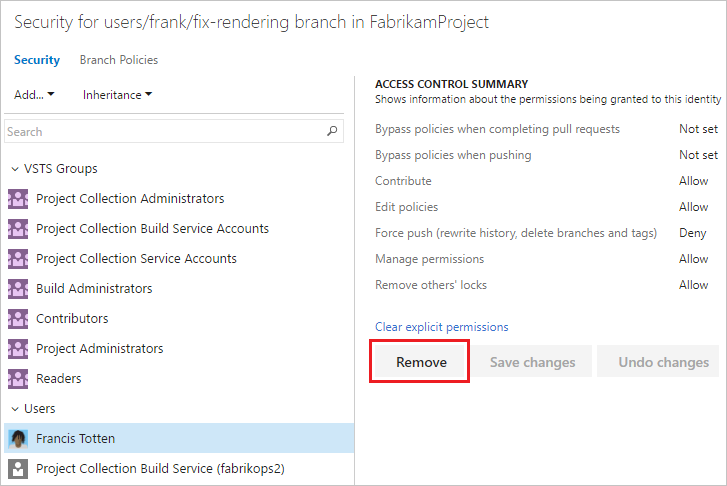 Screenshot shows Remove branch permissions for a user in Azure DevOps.