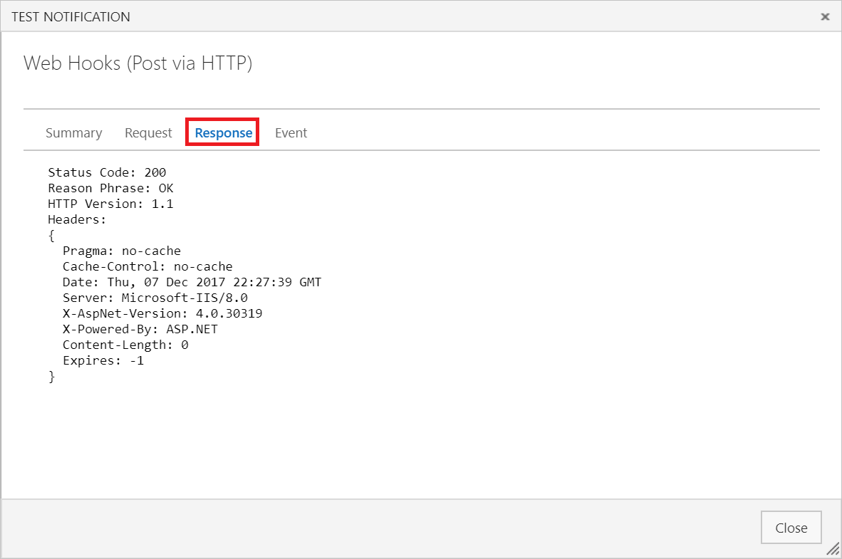 Select the response tab to see the results of the test