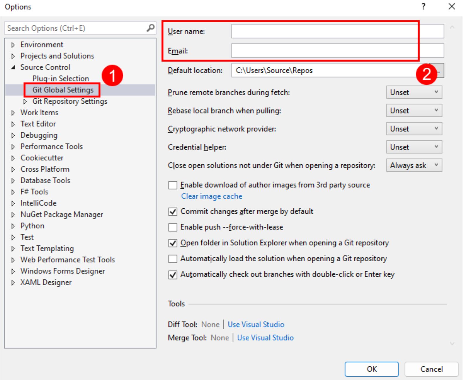 Screenshot of the name and email settings in Git Global Settings in the Options dialog of Visual Studio.