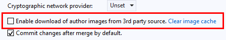 Screenshot showing the checkbox to enable download of author images from third-party source in Team Explorer in Visual Studio 2019.