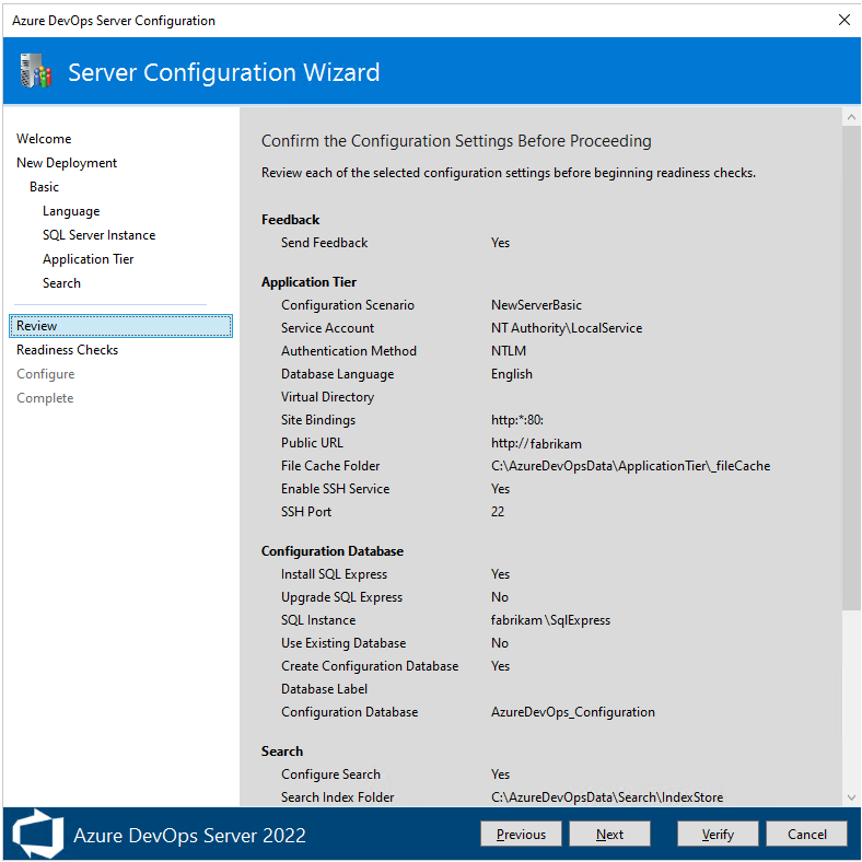 Screenshot of Server Configure Wizard, Review page, 2022. 