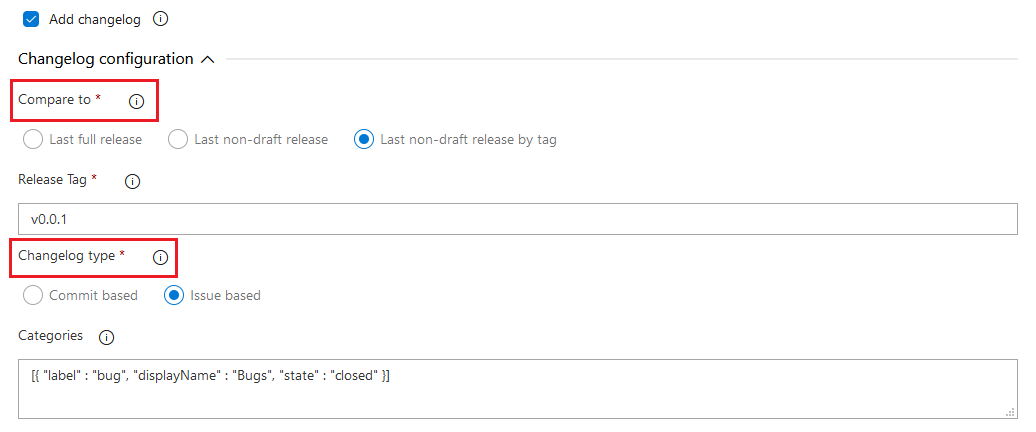 Screenshot showing the GitHub release task with the  Compare to and Changelog type sections highlighted.