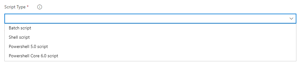 Screenshot of the Azure CLI task showing that Powershell and Powershell Core are options in the Script Type dropdown list.