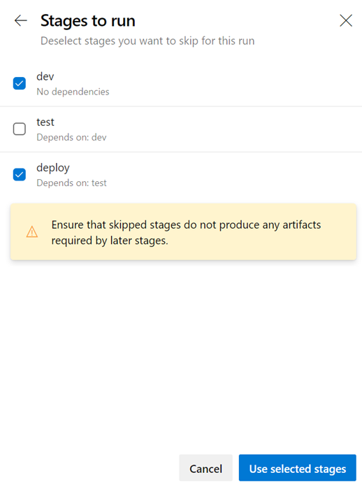Screenshot showing the Stages to run section with the dev option and the deploy option selected.