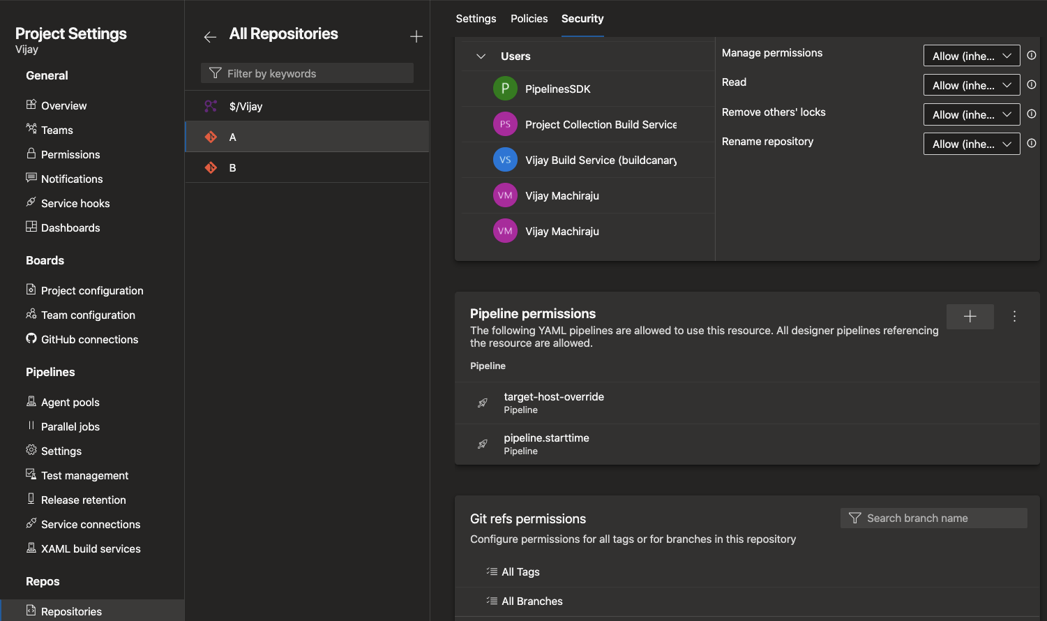 Manage the list of pipelines in the security tab