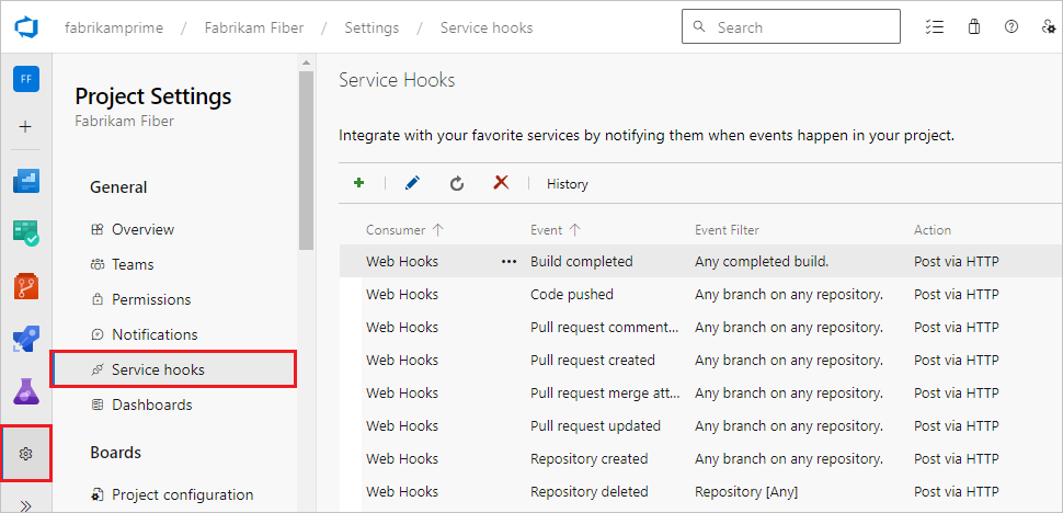 Screenshot of the Service hooks choice in Project settings.