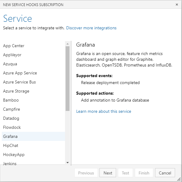 New Service Hooks Subscription dialog, choose Grafana