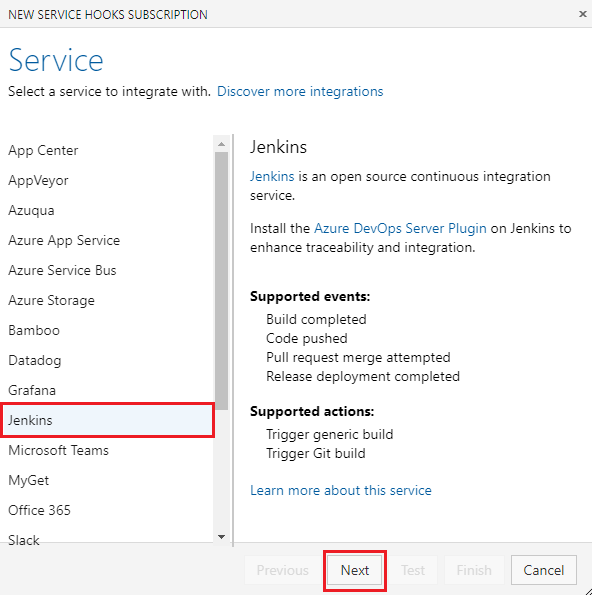 Screenshot of selecting Jenkins on the Service page.