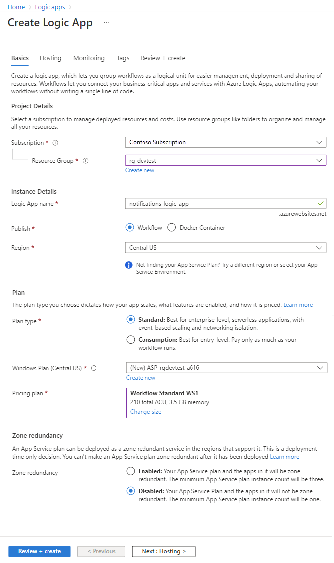 Screenshot showing the Create Logic App page.