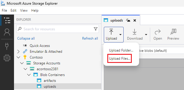 Screenshot that shows the Upload button and Upload Files.