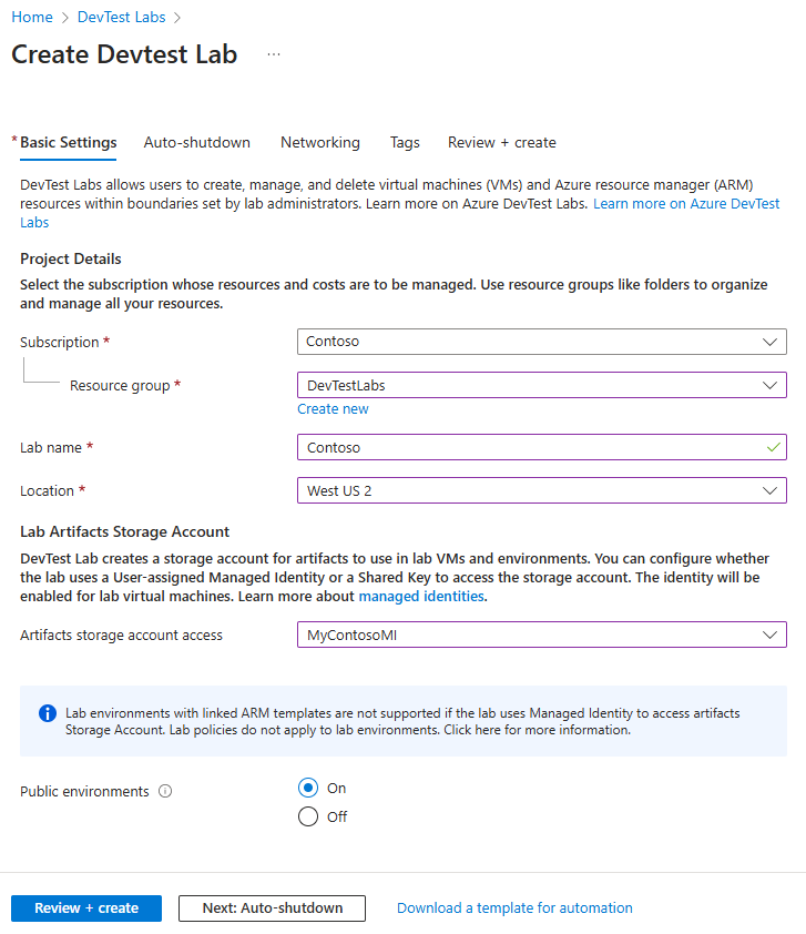 Screenshot of the Basic Settings tab of the Create DevTest Labs form.