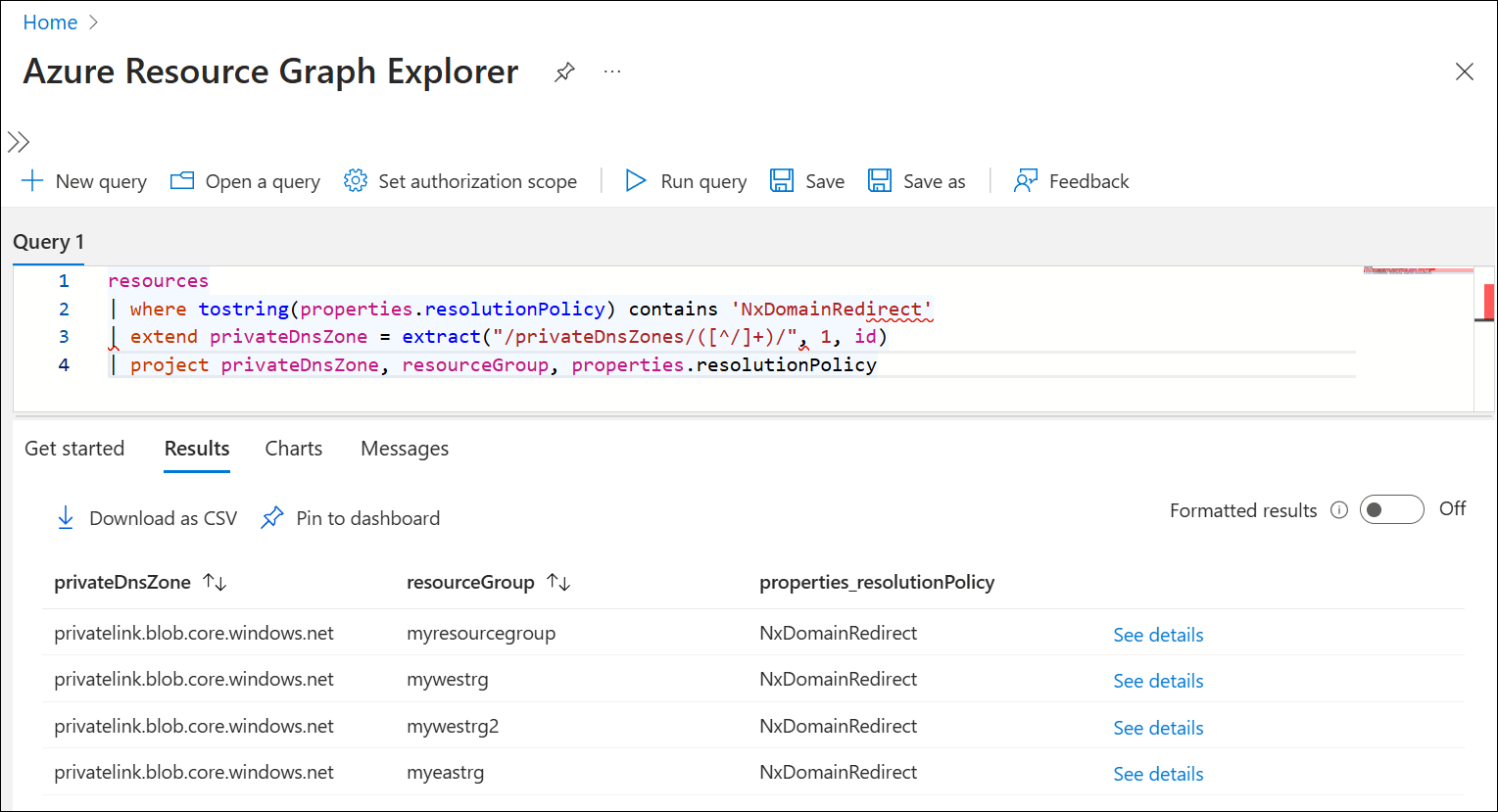 Screenshot of a resource graph query.