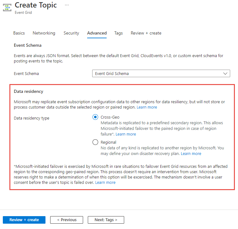 Screenshot showing the Data residency section of the Advanced page in the Create Topic wizard.