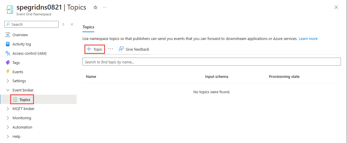 Screenshot showing Event Grid namespace topic creation.