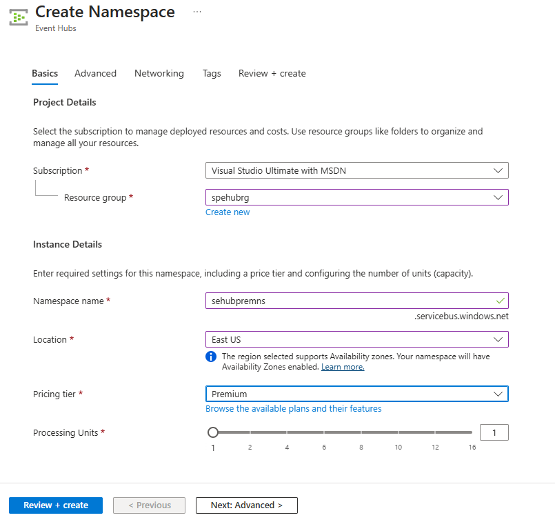 Screenshot that shows the Processing settings units on the Create Namespace wizard.