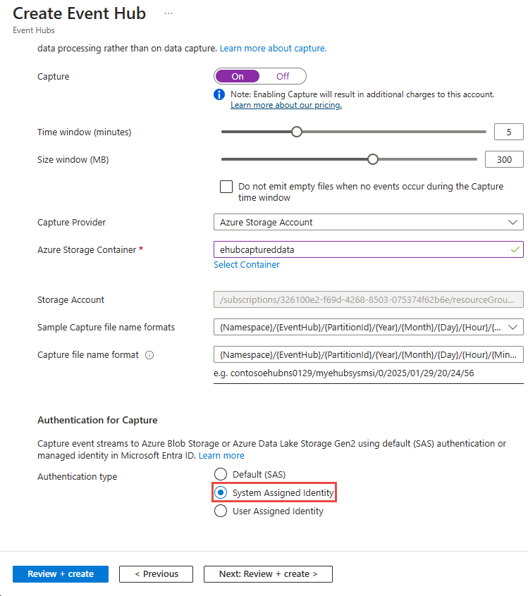 Image showing capturing of Event Hubs data into Azure Storage or Azure Data Lake Storage using System Assigned managed identity.