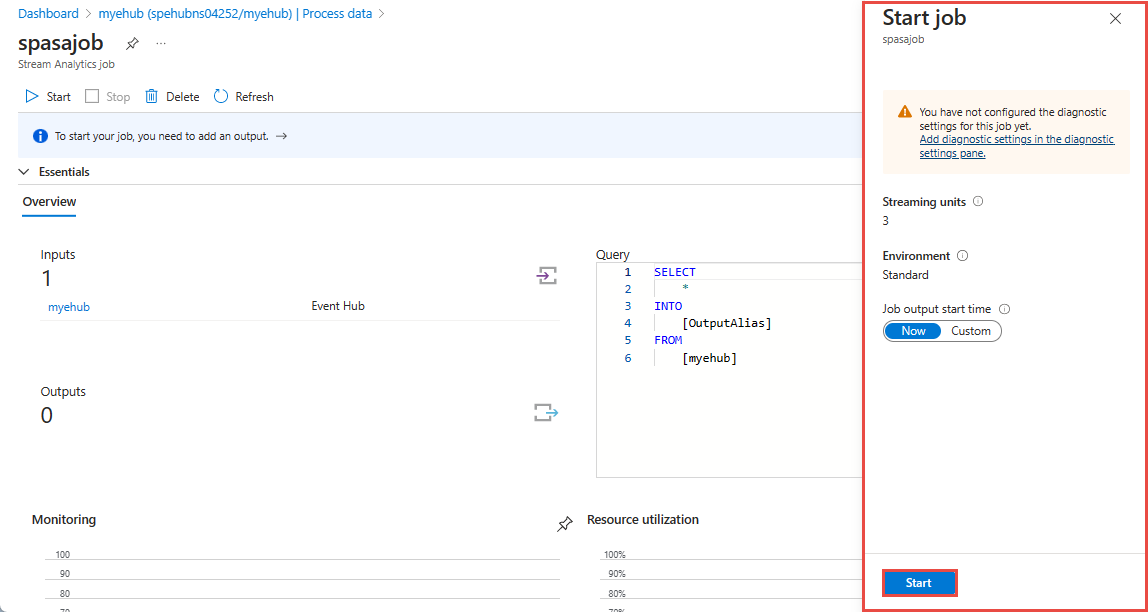 Screenshot of the Start job window for a Stream Analytics job.