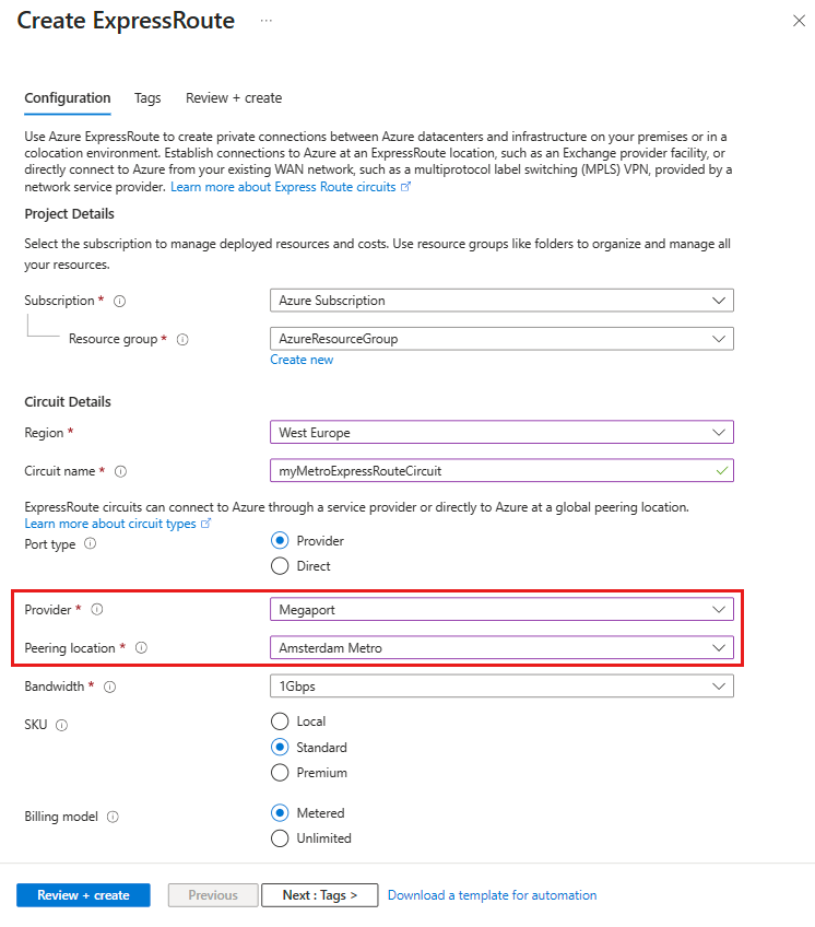 Screenshot of creating an ExpressRoute Metro circuit.