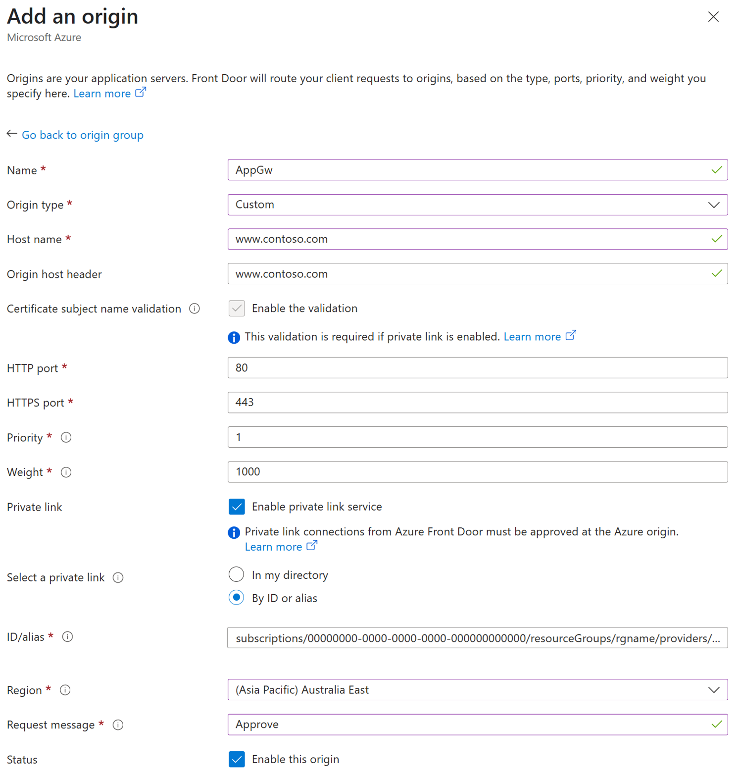 Screenshot of origin dettings for configuring Application Gateway as a private origin.