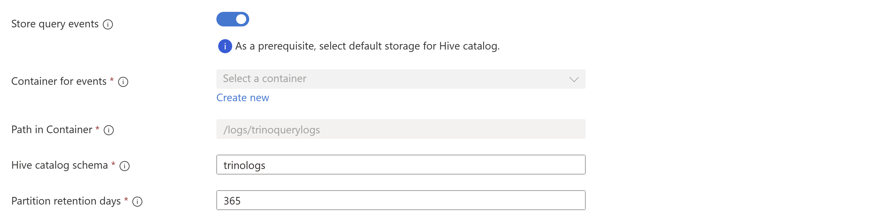 Screenshot showing basic tab of create Trino store query events.