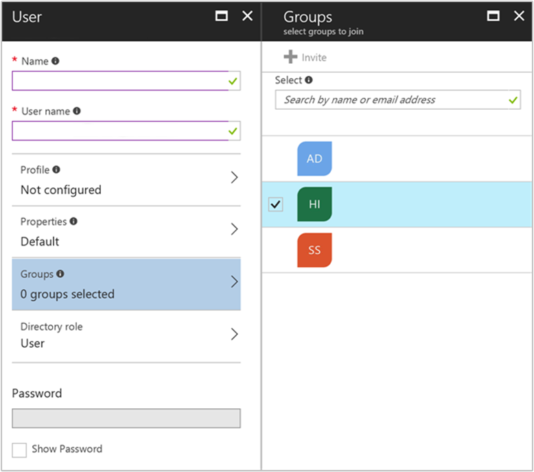 Azure portal user pane select groups.