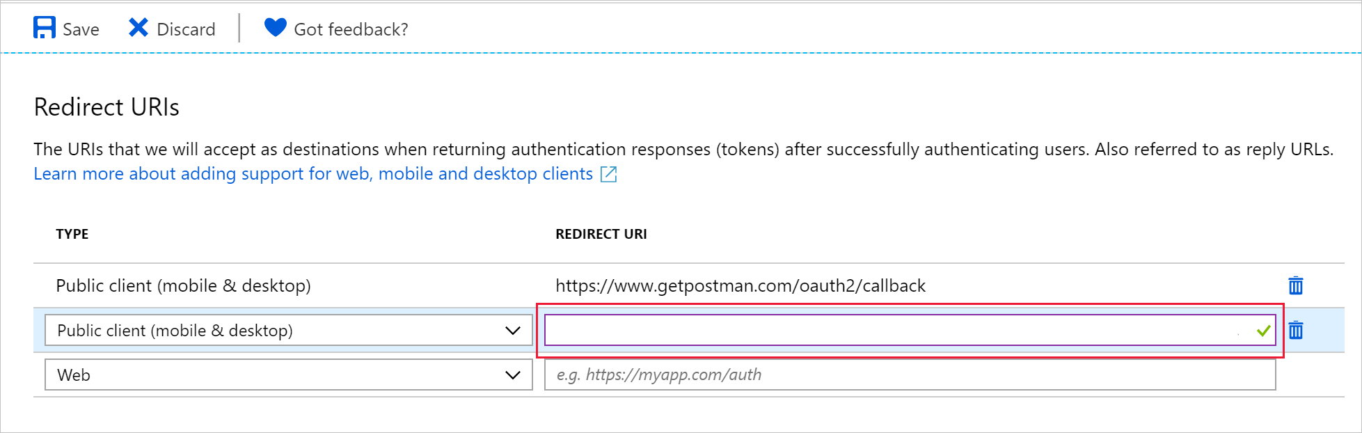 Screenshot show how reply url can be configured for the public client.