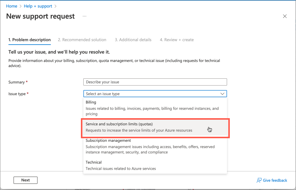 Screenshot of portal "issue type" menu with the option "Service and subscription limits (quotas)" highlighted.