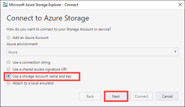 Screenshot shows the Connect to Azure Storage dialog box with Use a storage account  name and key selected.