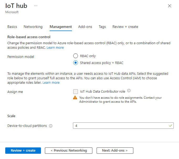 Screen capture that shows how to set the role-based access control and scale for a new IoT hub.