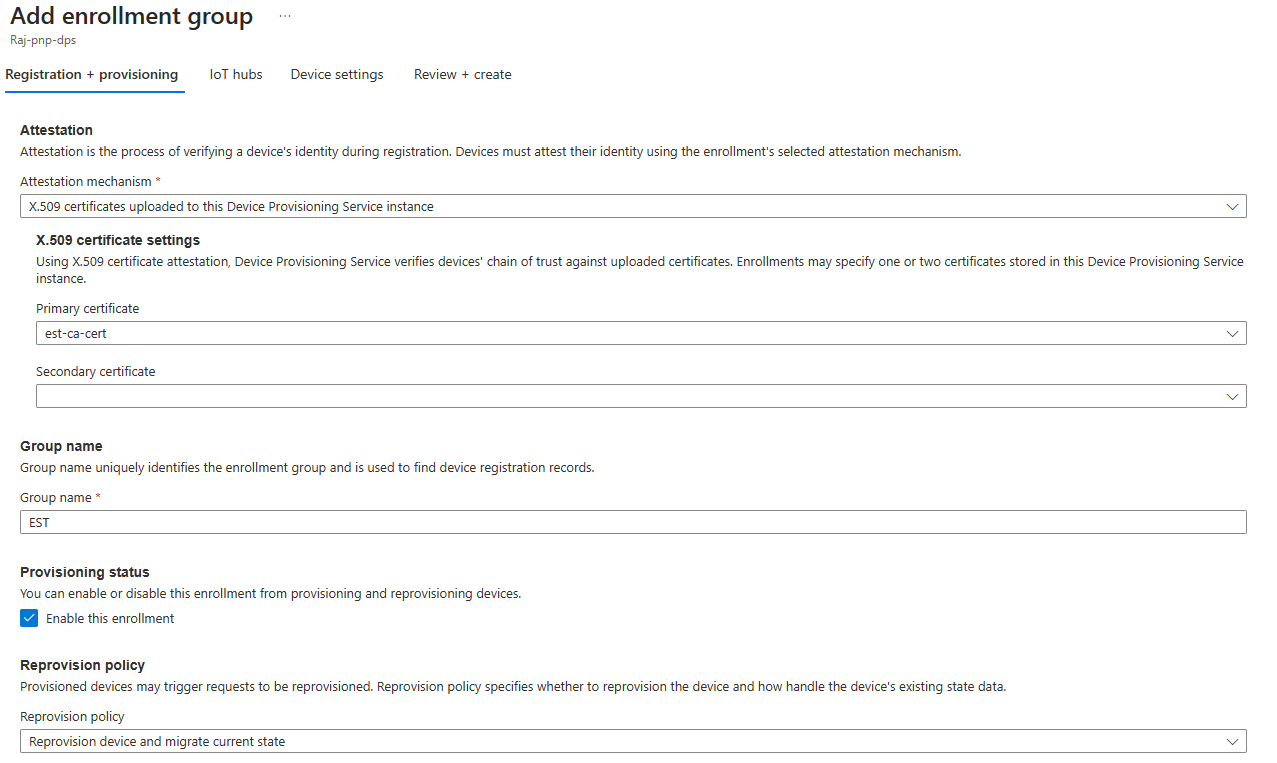 A screenshot adding DPS enrollment group using the Azure portal.