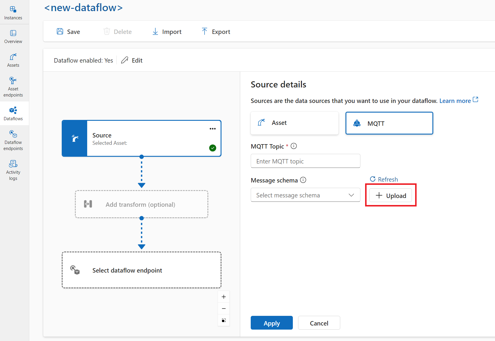 Screenshot that shows uploading a message schema in the operations experience portal.