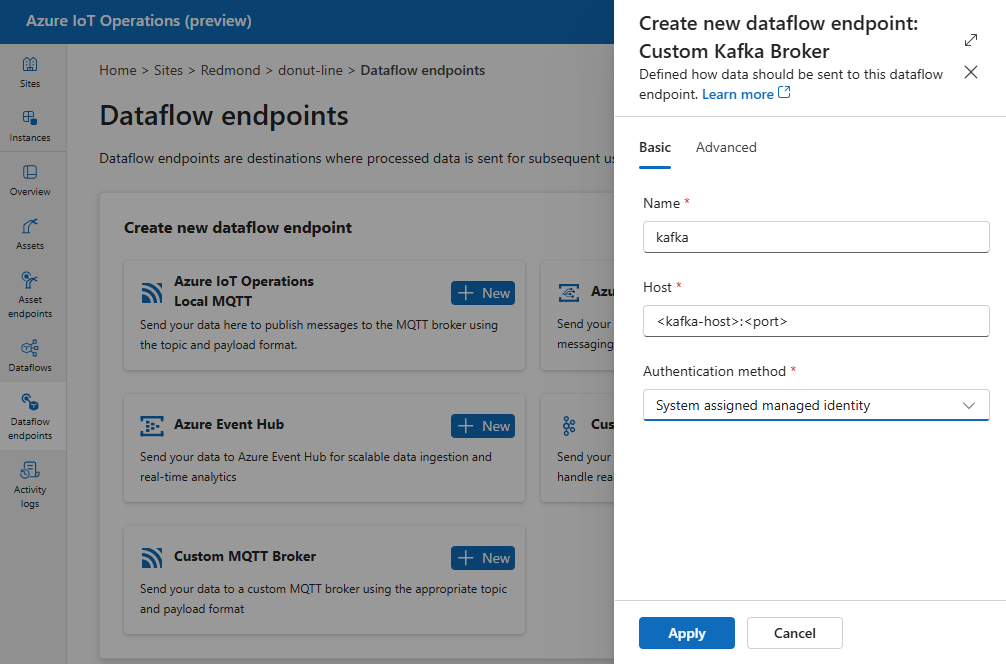 Screenshot using operations experience to create a Kafka dataflow endpoint.