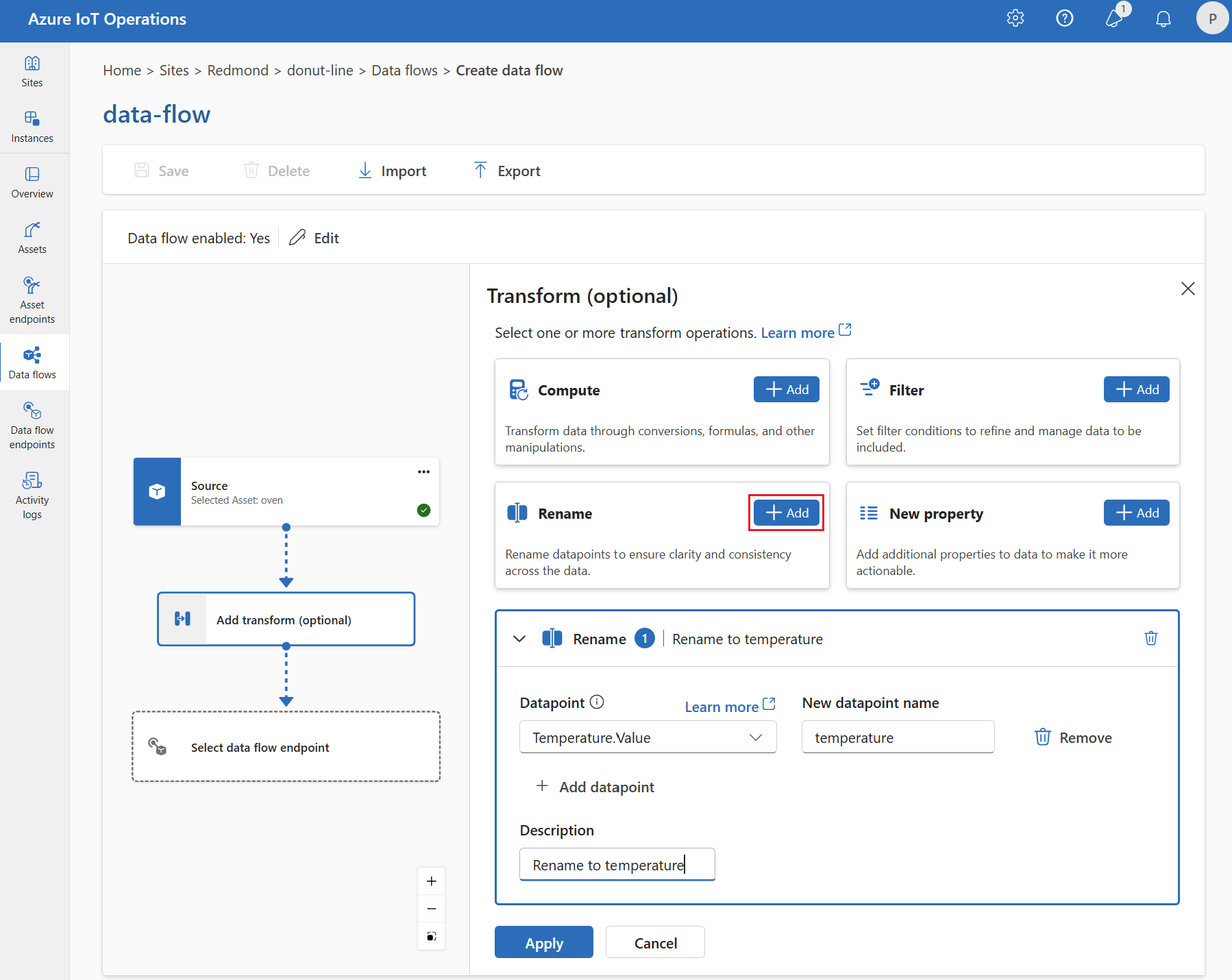 Screenshot using operations experience to rename a datapoint.