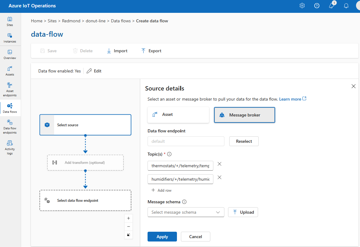 Screenshot using operations experience to select message broker as the source endpoint.