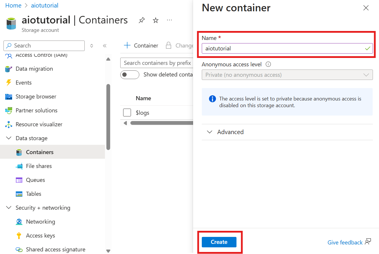 Screenshot showing how to create a storage container in Azure portal.