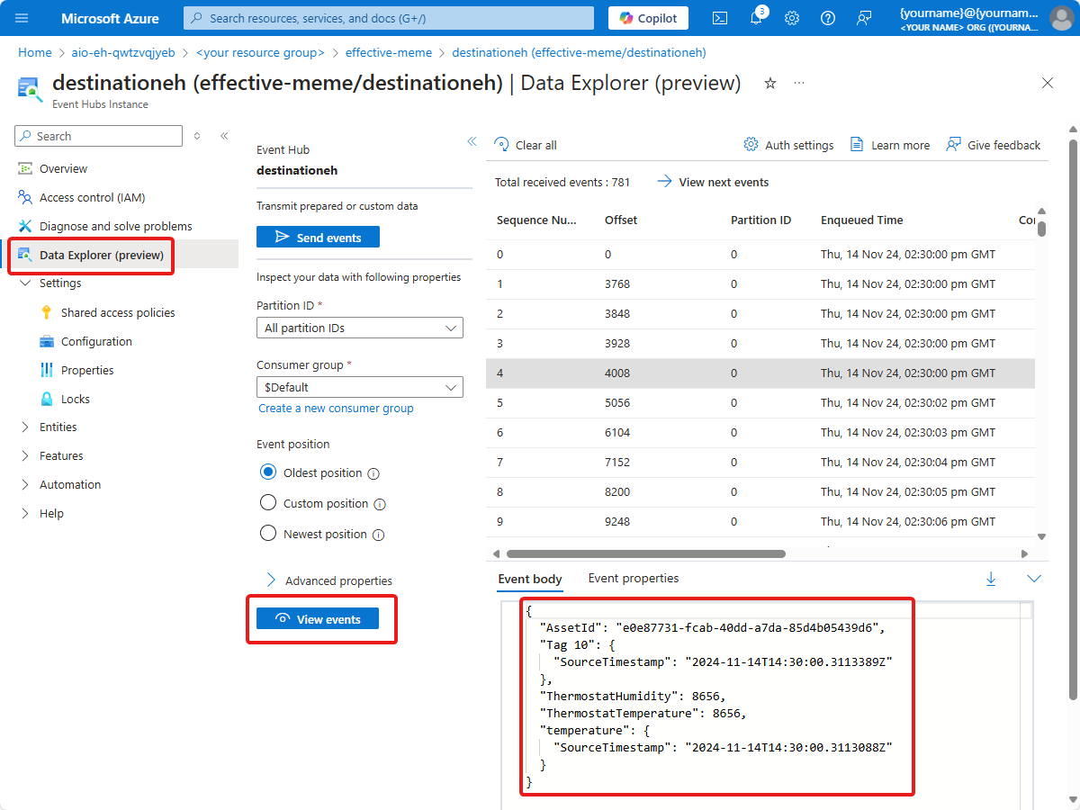 Screenshot of the Event Hubs instance **Data Explorer** page.