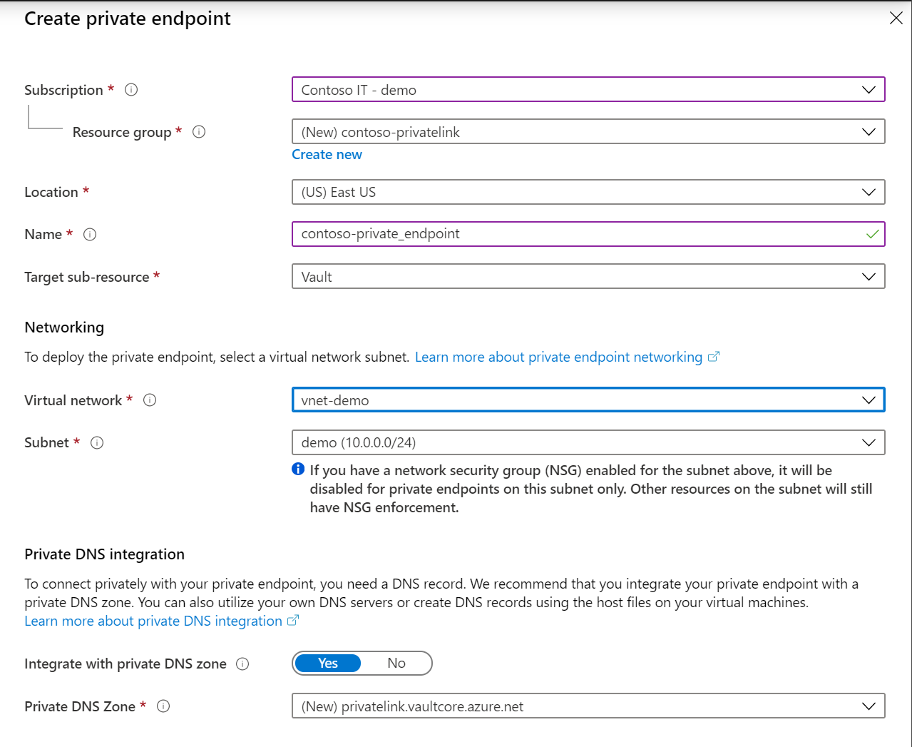 Screenshot that shows the 'Create private endpoint' page with settings selected.