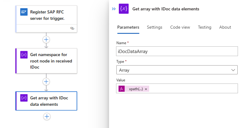 Screenshot shows Consumption workflow and action with expression to get an IDocs array.