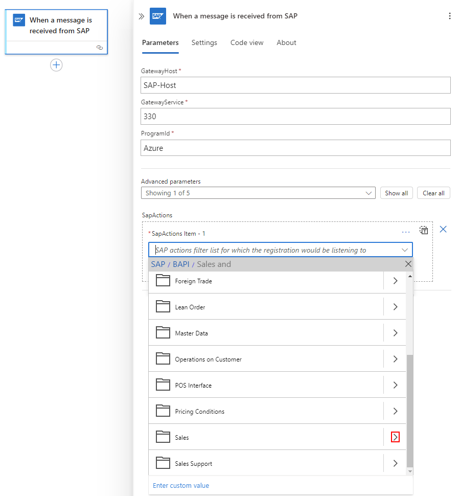 Screenshot shows workflow, SAP managed connector trigger, and selecting an SAP action to filter messages.