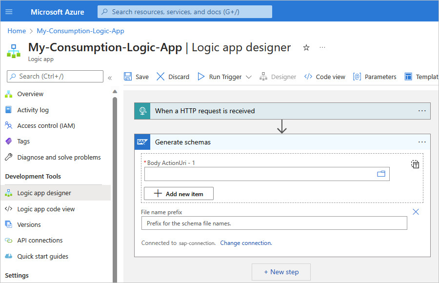 Screenshot shows Consumption workflow and SAP managed action named Generate schemas.