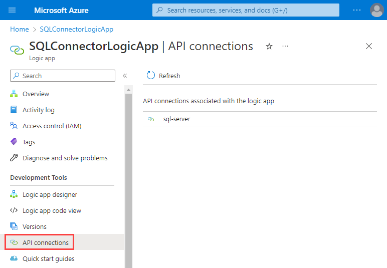 Screenshot shows Azure portal, Consumption logic app resource, and resource menu. On resource menu, under Development Tools, API connections is selected.