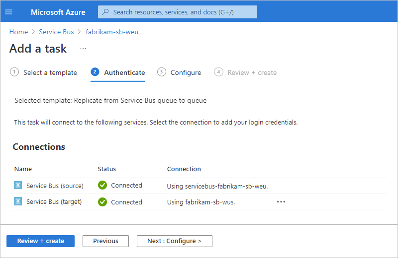 Screenshot showing "Add a task" pane with finished connection to Service Bus namespace.