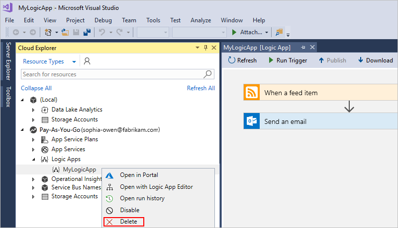 Screenshot shows selected option for Delete logic app from Azure portal.