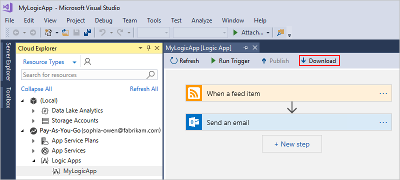 Screenshot shows Visual Studio, designer toolbar, and selected option to download logic app from Azure portal.