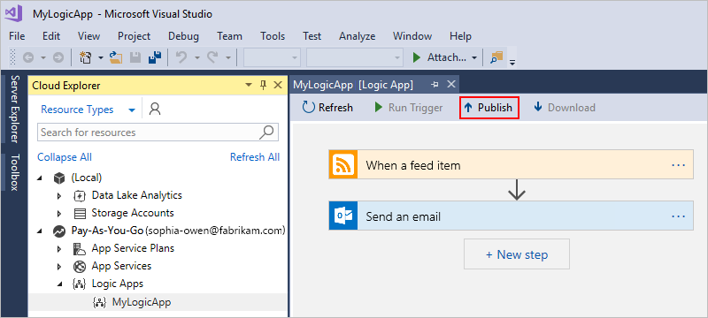 Screenshot shows Publish option to deploy updated logic app to Azure portal.