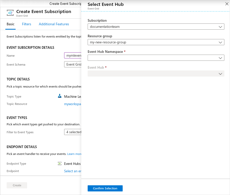 Screenshot shows the Create Event Subscription pane with Select Event Hub open.