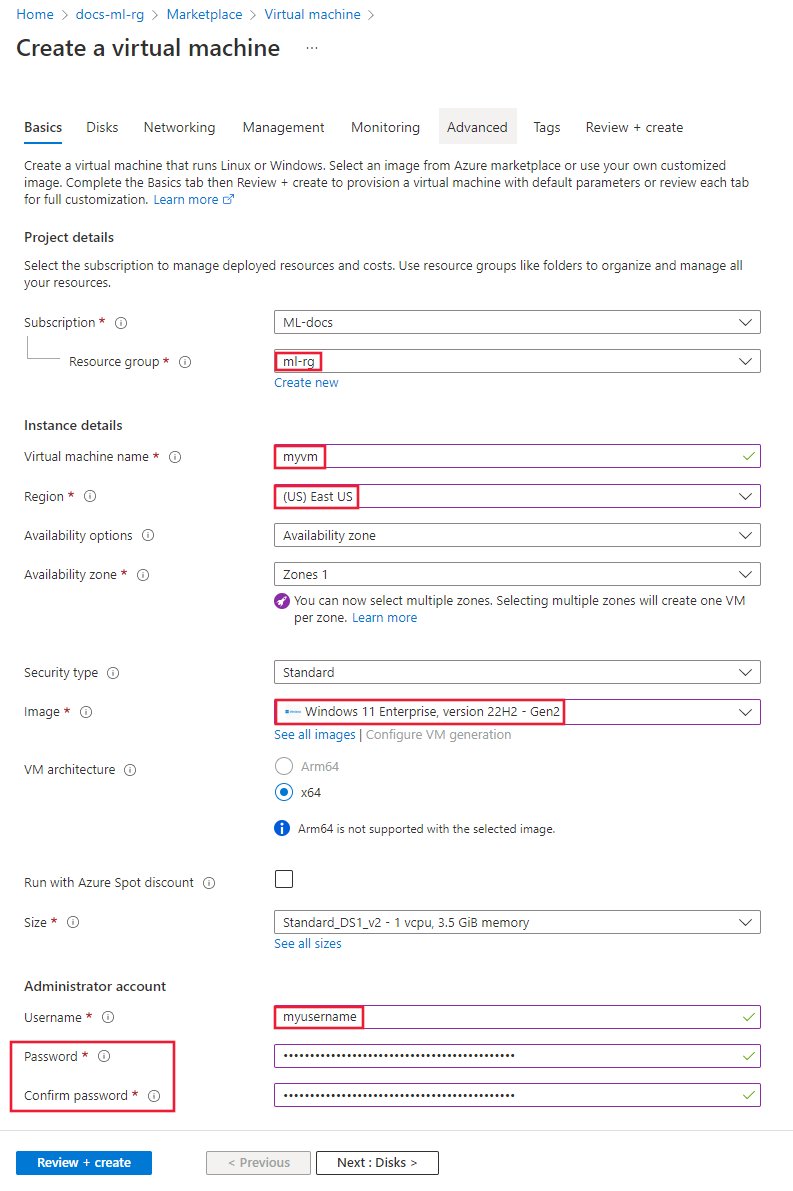 Screenshot of the virtual machine basics configuration.