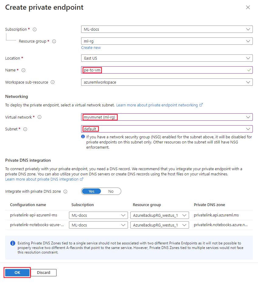 Screenshot of the form to create a private endpoint.