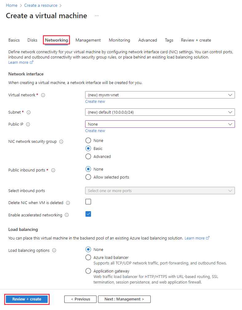 Screenshot of the networking tab for the virtual machine.